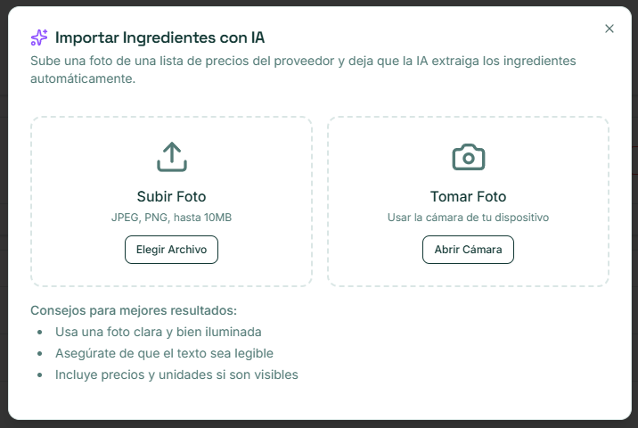 Importação de ingredientes com IA